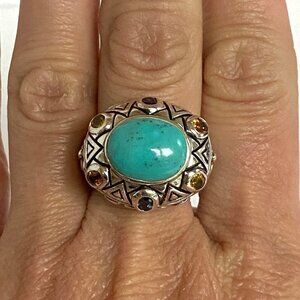 Sterling Silver 925 Thailand Turquoise Multi Gemstone Dome Statement Ring 7.75